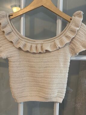 H&M Cream Off-the-Shoulder Ruffle Knit Sweater